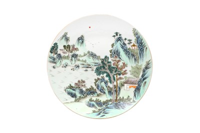 Lot 593 - A CHINESE ENAMELLED 'LANDSCAPE' DISH