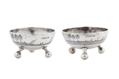 Lot 318 - A pair of early 20th century Iraqi silver and niello salts, Omara circa 1930 signed Zahroon