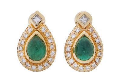 Lot 382 - A PAIR OF EMERALD AND DIAMOND CLUSTER EARRINGS