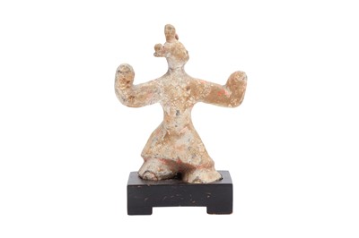 Lot 463 - TWO CHINESE TERRACOTTA FIGURES OF A DANCER AND A STANDING FIGURE