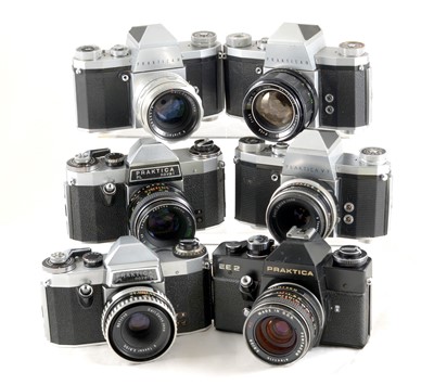 Lot 85 - Six Praktica Cameras with an Eclectic Mix of Lenses.