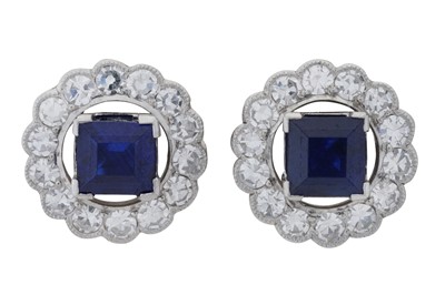 Lot 338 - A PAIR OF SAPPHIRE AND DIAMOND EARRINGS