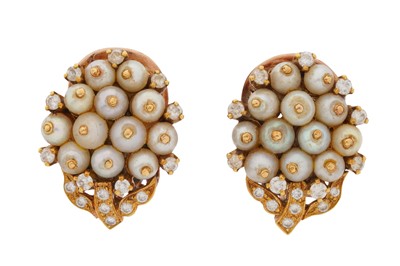 Lot 347 - A PAIR OF PEARL AND DIAMOND EARRINGS