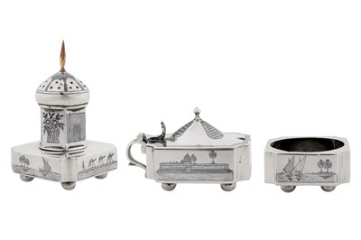 Lot 317 - An early 20th century Iraqi silver and niello three-piece cruet set, Omara circa 1930 signed Nahy