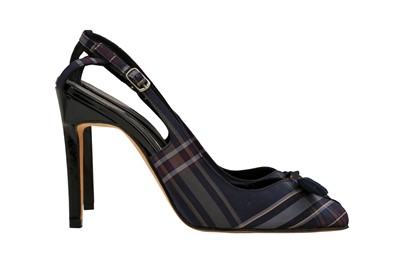 Lot 179 - Manolo Blahnik Navy Tartan Heeled Peep Toe - Size 37