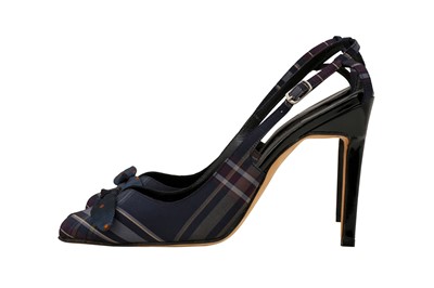 Lot 179 - Manolo Blahnik Navy Tartan Heeled Peep Toe - Size 37