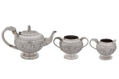 Lot An early 20th century Anglo – Indian unmarked silver three-piece tea service, Bombay circa 1920 by Tarachand Pursram Ramswam