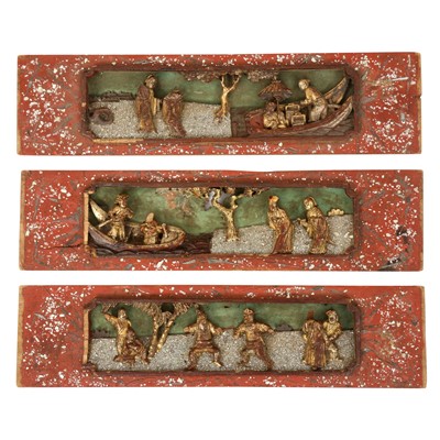 Lot 552 - A set of three Chinese carved wooden panels, 19th / 20th Century