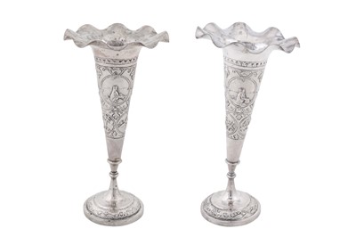 Lot 193 - A pair of early 20th century Anglo – Indian silver posy vases, Bombay circa 1930