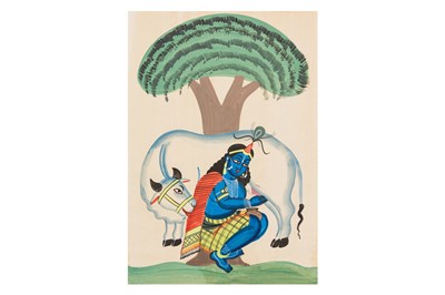 Lot 184 - A KALIGHAT STYLE PAINTING OF KRISHNA AND COW