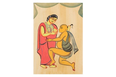 Lot 185 - A KALIGHAT STYLE PAINTING OF ASCETIC SUCKLING AT A WOMAN'S BREAST