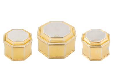 Lot 148 - A graduated set of three George V Art Deco parcel gilt sterling silver dressing table boxes, London 1926/35 by Mappin and Webb