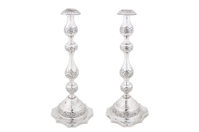 Lot 349 - Judaica - A pair of George V sterling silver sabbath candlesticks, London 1929 by Moshe Rubin