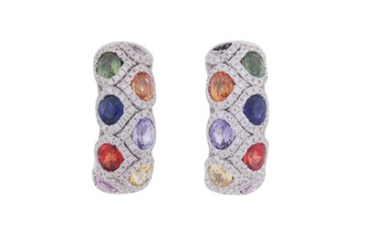 Lot 181 - A MULTI-COLOUR SAPPHIRE AND DIAMOND PAIR OF EARRINGS