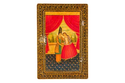 Lot 136 - A LACQUERED PAPIER-MÂCHÉ MIRROR CASE WITH INTERIOR SCENES