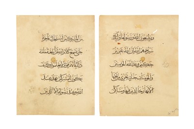 Lot 23 - TWO FOLIOS OF A QUR’AN: SURAH AT-TOWBA (9) 6-7, AND SURAH AT-TOWBA (9) 70-72