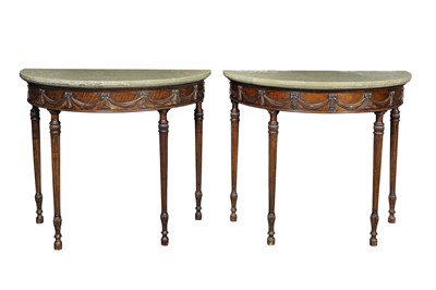 Lot 367 - A PAIR OF EDWARDIAN NEOCLASSICAL STYLE MAHOGANY DEMI LUNE CONSOLE TABLES