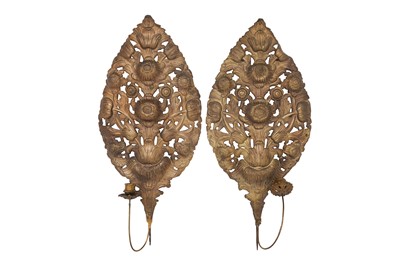 Lot 334 - A PAIR OF DUTCH EMBOSSED BRASS WALL SCONCES