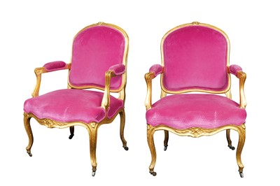 Lot 354 - A PAIR OF LOUIS XV STYLE GILT FAUTEUIL ARMCHAIRS, LATE 19TH CENTURY