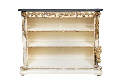 Lot 371 - A PAINTED AND PARCEL GILT OPEN BOOKCASE, PROBABLY ITALIAN, 19TH CENTURY