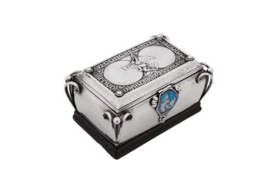 Lot 384 - An early 20th century Danish Art and Crafts 830 standard silver and enamel cigarette box, Rungsted circa 1914 by Kay Bojesen (1886-1958)