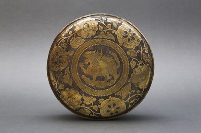 Lot 181 - A LARGE CHINESE PARCEL-GILT SILVER 'MYTHICAL BEAST' CIRCULAR BOX AND COVER