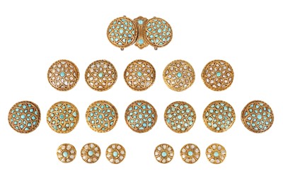 Lot 84 - A GROUP OF GOLD-SET PEARL AND TURQUOISE-ENCRUSTED DRESS ORNAMENTS