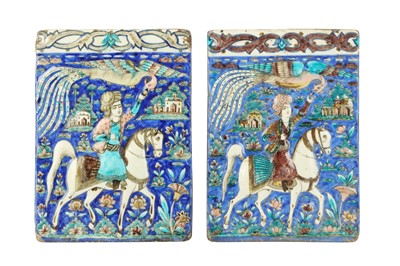 Lot 49 - A PAIR OF QAJAR POLYCHROME MOULDED TILES