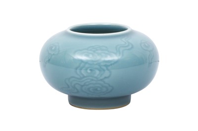 Lot 163 - A CHINESE MONOCHROME BLUE-GLAZED 'CLOUDS' WATER POT