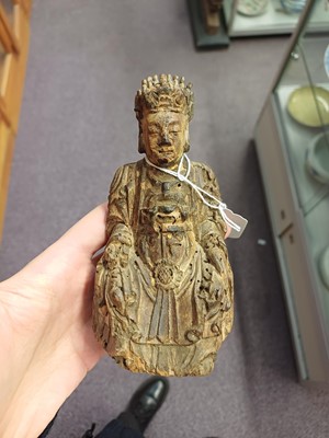 Lot 230 - TWO CHINESE WOOD FIGURES AND A JAPANESE BRONZE CENSER, SIGNED KIMURA TOUN