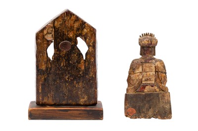 Lot 230 - TWO CHINESE WOOD FIGURES AND A JAPANESE BRONZE CENSER, SIGNED KIMURA TOUN
