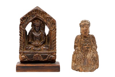 Lot 230 - TWO CHINESE WOOD FIGURES AND A JAPANESE BRONZE CENSER, SIGNED KIMURA TOUN