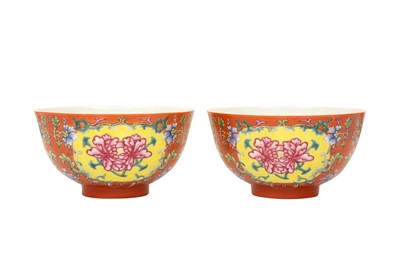 Lot 241 - A PAIR OF CHINESE CORAL-GROUND FAMILLE-ROSE 'FLORAL' BOWLS