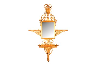 Lot 521 - A LATE 18TH TO EARLY 19TH CENTURY GILTWOOD GIRANDOLE WALL MIRROR WITH SHELVES