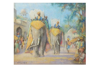 Lot 203 - AN INDIAN SCENE OF PROCESSIONAL ELEPHANTS IN A MARKETPLACE