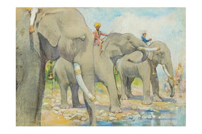 Lot 202 - AN INDIAN SCENE OF ELEPHANTS BY A RIVER BANK