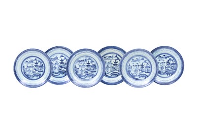 Lot 456 - A SET OF SIX CHINESE EXPORT BLUE AND WHITE ‘PAVILION' DISHES