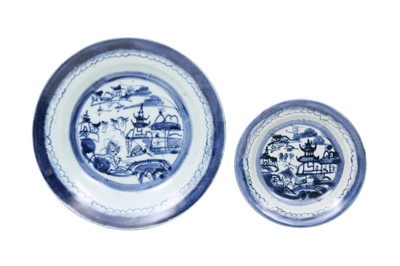 Lot 451 - TWO CHINESE EXPORT BLUE AND WHITE ‘PAVILION’ DISHES