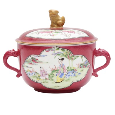 Lot 464 - A Chinese export ruby-ground 'figural' tureen and cover, Qing dynasty, Qianlong period