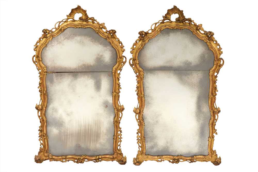 308 - A PAIR OF GEORGE III PERIOD GILTWOOD MIRRORS, THIRD QUARTER 18TH CENTURY