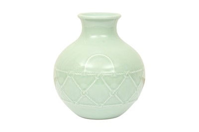 Lot 168 - A CHINESE MONOCHROME CELADON-GLAZED MOULDED 'BASKET' VASE