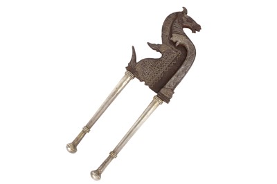 Lot 66 - A LARGE HORSE SHAPED BETAL NUT CRACKER WITH SILVER HANDLES