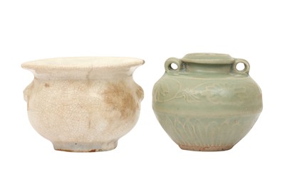 Lot 292 - A CHINESE LONGQUAN CELADON JARLET AND A CRACKLE-GLAZED CENSER