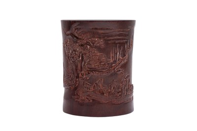 Lot 97 - A CHINESE CARVED ZITAN 'LANDSCAPE' BRUSH POT, BITONG