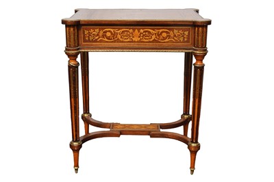 Lot 353 - A NAPOLEON III MAHOGANY AND MARQUETRY INLAID WORK TABLE WITH ORMULU MOUNTS