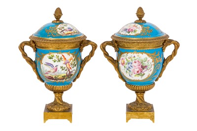 Lot 236 - A PAIR OF 19TH CENTURY SEVRES STYLE ORMOLU MOUNTED VASES & COVERS