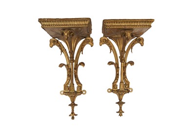 Lot 340 - A PAIR OF GEORGE III GILTWOOD WALL BRACKETS, CIRCA 1800