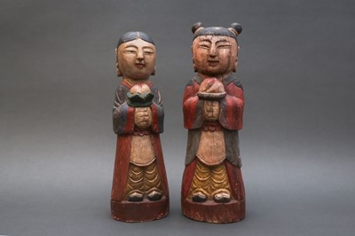 Lot 397 - A RARE AND FINE PAIR OF KOREAN POLYCHROME WOOD ATTENDANT FIGURES, DONGJA