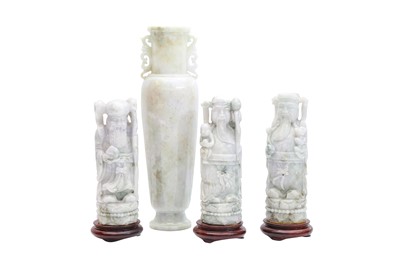 Lot 549 - A GROUP OF THREE CHINESE JADE 'GUARDIAN' FIGURES TOGETHER WITH A JADE VASE