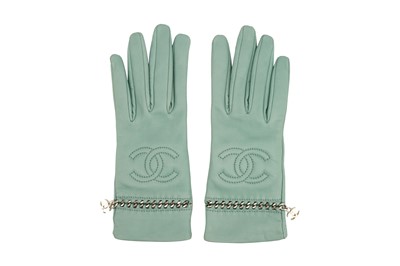 Lot 210 - Chanel Sea Green Leather CC Gloves - Size 7.5